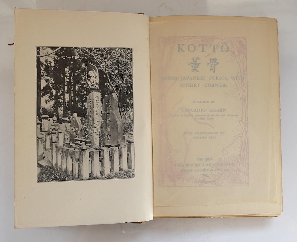 Hearn, Lafcadio - Glimpses of Unfamiliar Japan. 2 vols. publisher's gilt cloth with gilt tops. Kegan Paul (etc.), 1905; Hearn, Lafcadio - In Ghostly Japan. 4 plates and some text; publisher's gilt cloth with gilt top. Ke